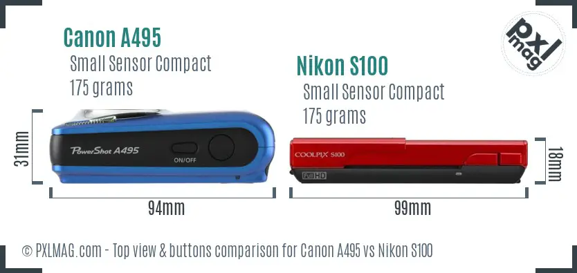 Canon A495 vs Nikon S100 top view buttons comparison Canon A495 vs Nikon S100 top view buttons comparison