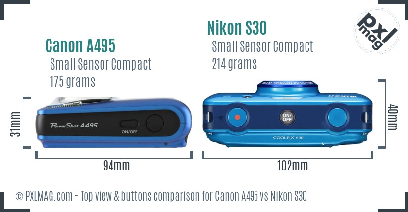 Canon A495 vs Nikon S30 top view buttons comparison