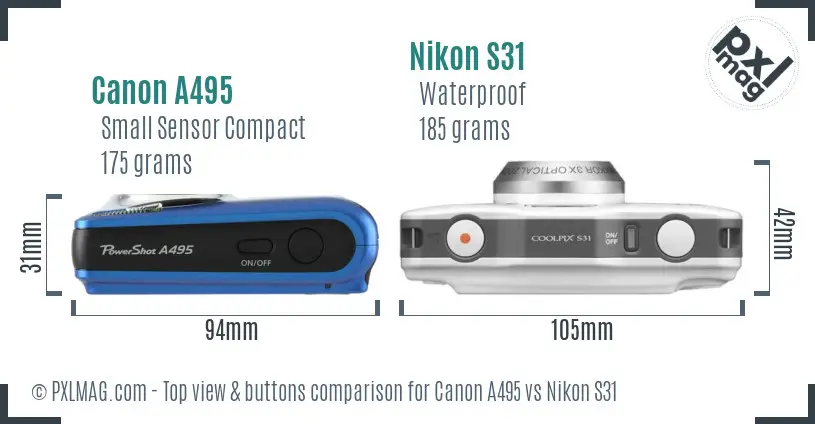 Canon A495 vs Nikon S31 top view buttons comparison Canon A495 vs Nikon S31 top view buttons comparison