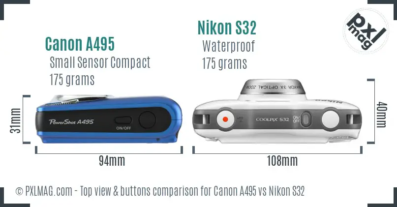 Canon A495 vs Nikon S32 top view buttons comparison Canon A495 vs Nikon S32 top view buttons comparison