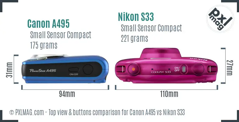 Canon A495 vs Nikon S33 top view buttons comparison