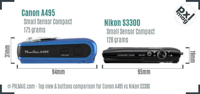 Canon A495 vs Nikon S3300 top view buttons comparison Canon A495 vs Nikon S3300 top view buttons comparison