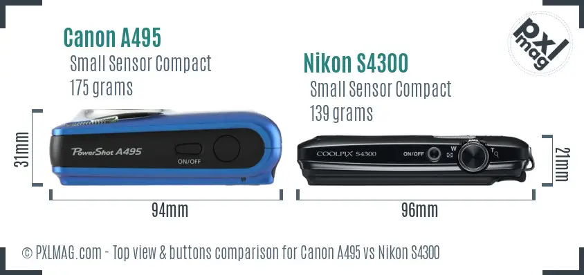 Canon A495 vs Nikon S4300 top view buttons comparison Canon A495 vs Nikon S4300 top view buttons comparison