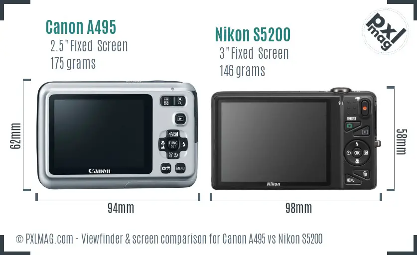 Canon A495 vs Nikon S5200 Screen and Viewfinder comparison