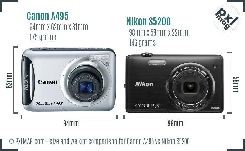 Canon A495 vs Nikon S5200 size comparison