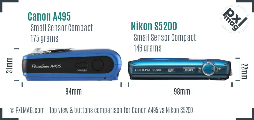 Canon A495 vs Nikon S5200 top view buttons comparison