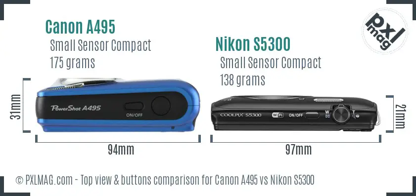 Canon A495 vs Nikon S5300 top view buttons comparison Canon A495 vs Nikon S5300 top view buttons comparison