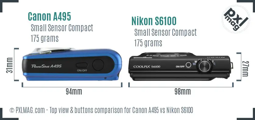 Canon A495 vs Nikon S6100 top view buttons comparison