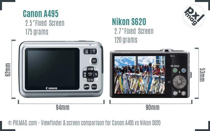 Canon A495 vs Nikon S620 Screen and Viewfinder comparison