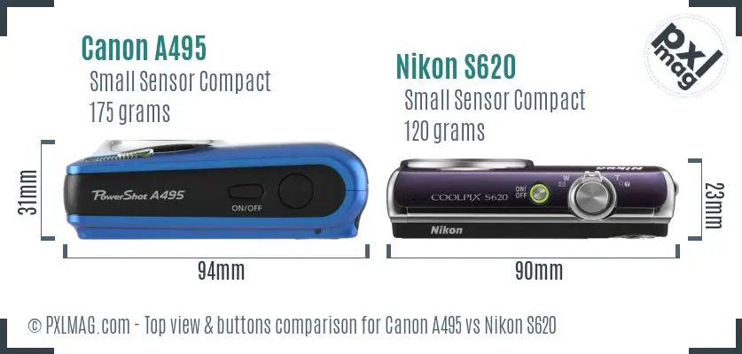 Canon A495 vs Nikon S620 top view buttons comparison