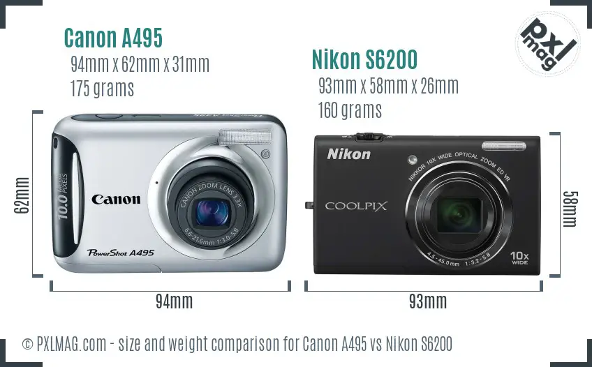 Canon A495 vs Nikon S6200 size comparison