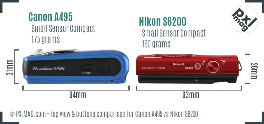 Canon A495 vs Nikon S6200 top view buttons comparison