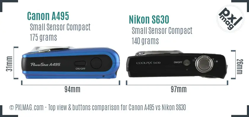 Canon A495 vs Nikon S630 top view buttons comparison