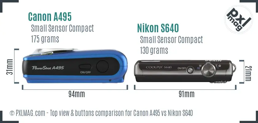 Canon A495 vs Nikon S640 top view buttons comparison
