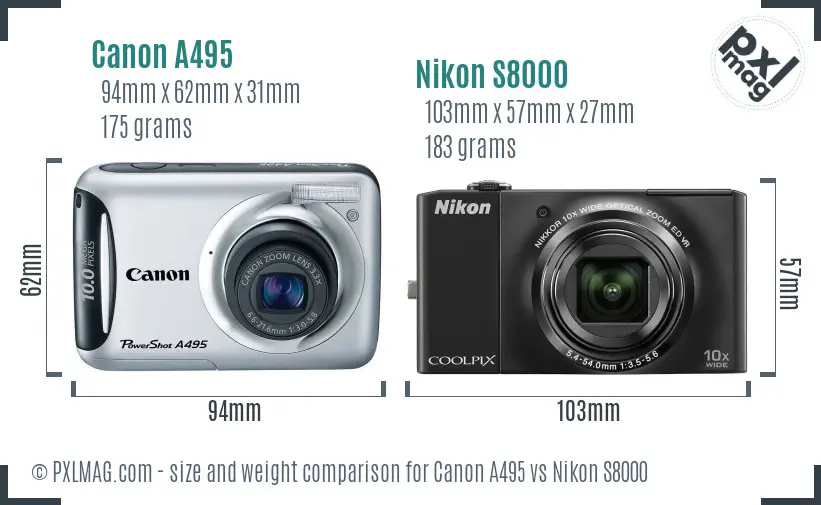 Canon A495 vs Nikon S8000 size comparison