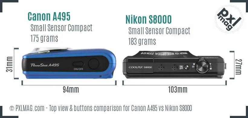 Canon A495 vs Nikon S8000 top view buttons comparison