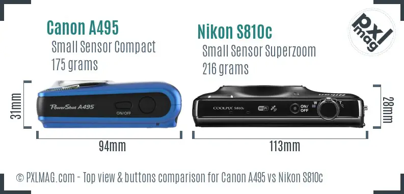 Canon A495 vs Nikon S810c top view buttons comparison