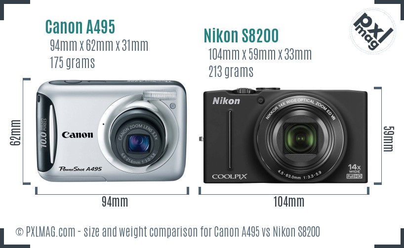 Canon A495 vs Nikon S8200 size comparison