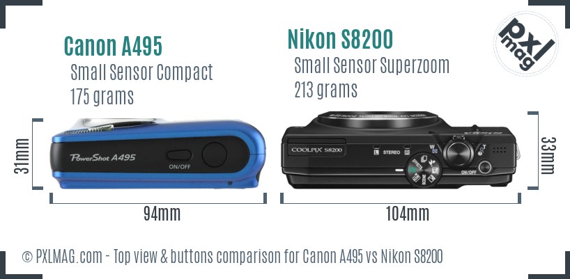 Canon A495 vs Nikon S8200 top view buttons comparison