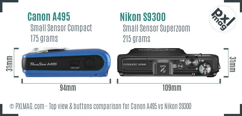 Canon A495 vs Nikon S9300 top view buttons comparison