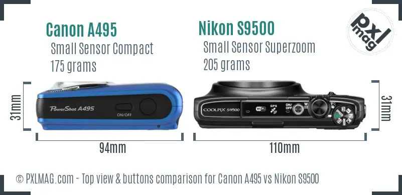 Canon A495 vs Nikon S9500 top view buttons comparison Canon A495 vs Nikon S9500 top view buttons comparison