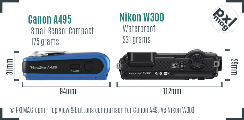 Canon A495 vs Nikon W300 top view buttons comparison Canon A495 vs Nikon W300 top view buttons comparison