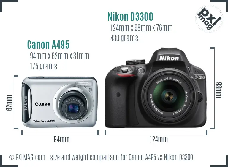 Canon A495 vs Nikon D3300 size comparison