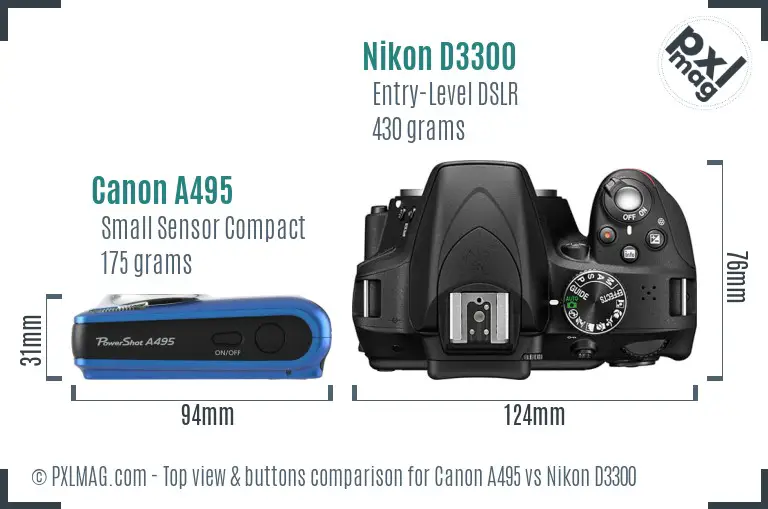 Canon A495 vs Nikon D3300 top view buttons comparison
