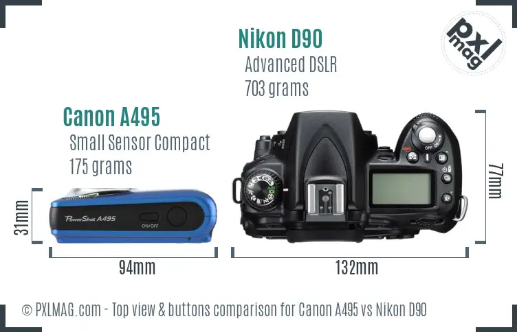 Canon A495 vs Nikon D90 top view buttons comparison
