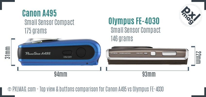 Canon A495 vs Olympus FE-4030 top view buttons comparison