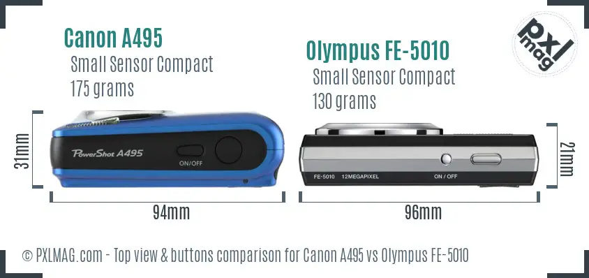 Canon A495 vs Olympus FE-5010 top view buttons comparison