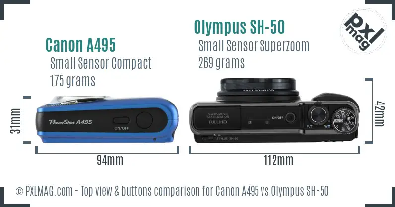 Canon A495 vs Olympus SH-50 top view buttons comparison