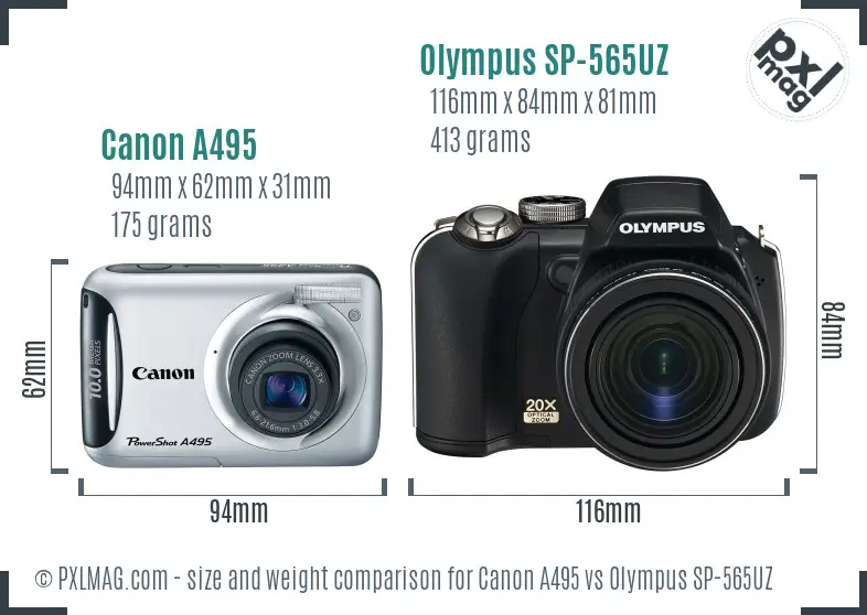 Canon A495 vs Olympus SP-565UZ size comparison Canon A495 vs Olympus SP-565UZ size comparison