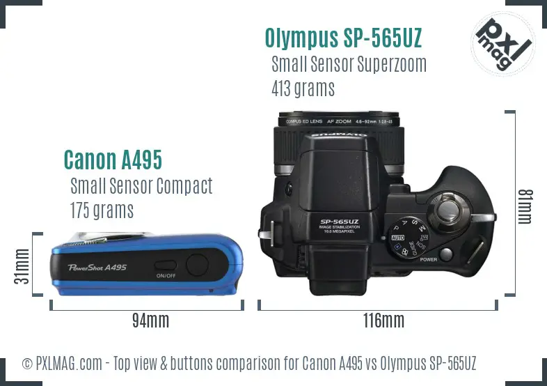Canon A495 vs Olympus SP-565UZ top view buttons comparison Canon A495 vs Olympus SP-565UZ top view buttons comparison