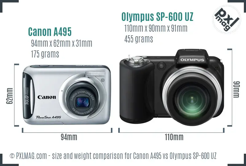 Canon A495 vs Olympus SP-600 UZ size comparison Canon A495 vs Olympus SP-600 UZ size comparison