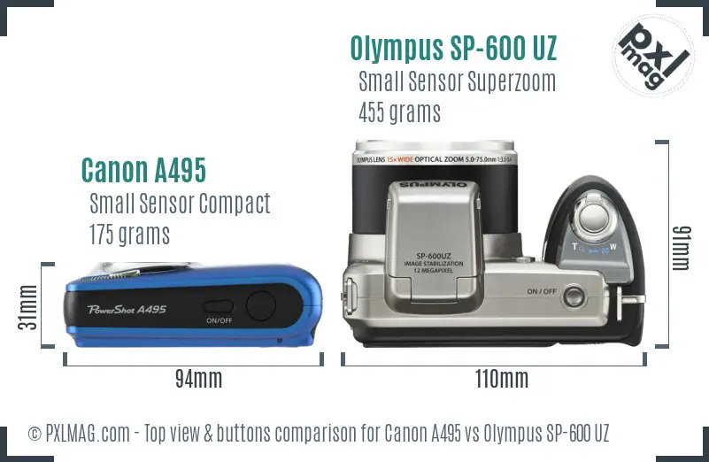 Canon A495 vs Olympus SP-600 UZ top view buttons comparison Canon A495 vs Olympus SP-600 UZ top view buttons comparison