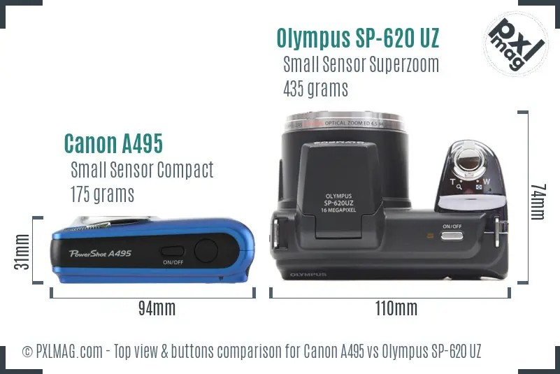 Canon A495 vs Olympus SP-620 UZ top view buttons comparison