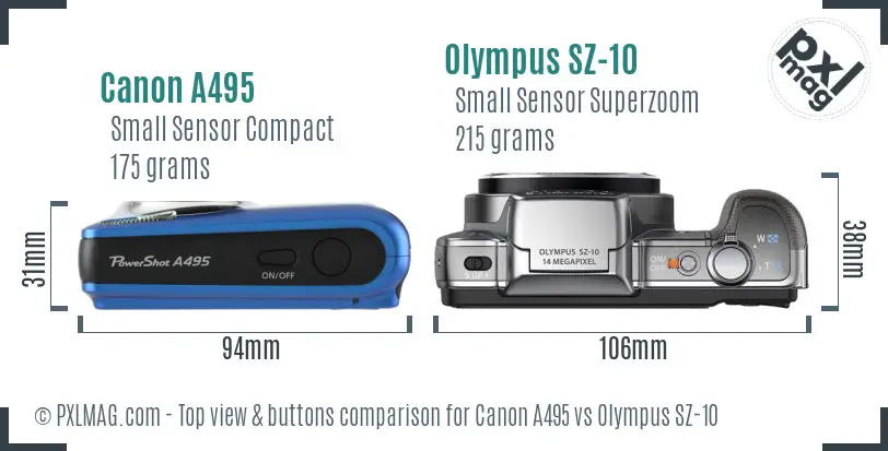 Canon A495 vs Olympus SZ-10 top view buttons comparison
