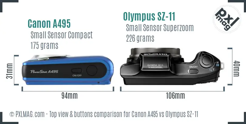 Canon A495 vs Olympus SZ-11 top view buttons comparison