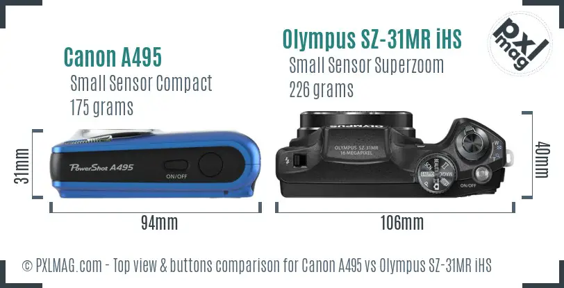 Canon A495 vs Olympus SZ-31MR iHS top view buttons comparison