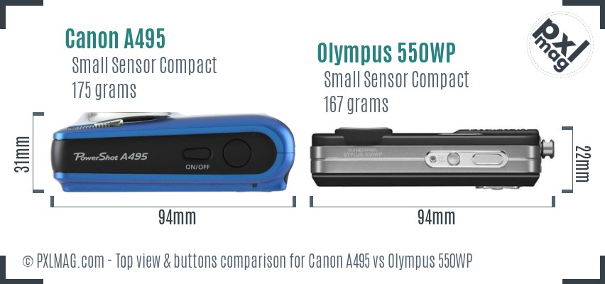 Canon A495 vs Olympus 550WP top view buttons comparison