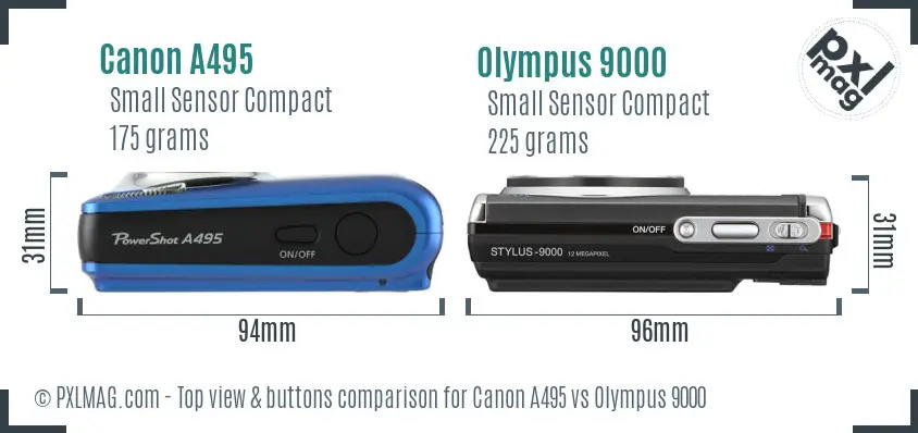 Canon A495 vs Olympus 9000 top view buttons comparison Canon A495 vs Olympus 9000 top view buttons comparison