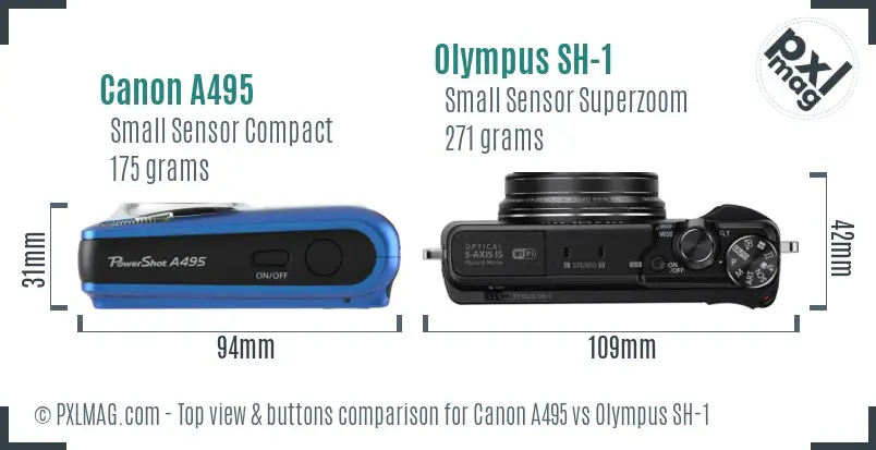 Canon A495 vs Olympus SH-1 top view buttons comparison Canon A495 vs Olympus SH-1 top view buttons comparison