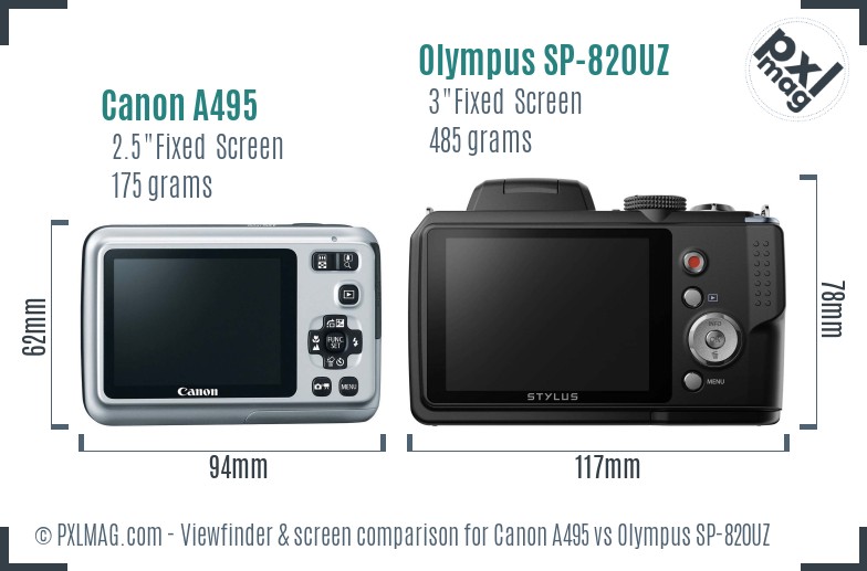Canon A495 vs Olympus SP-820UZ Screen and Viewfinder comparison
