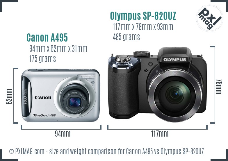 Canon A495 vs Olympus SP-820UZ size comparison Canon A495 vs Olympus SP-820UZ size comparison
