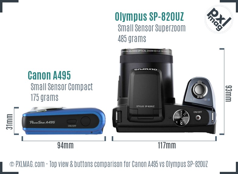 Canon A495 vs Olympus SP-820UZ top view buttons comparison
