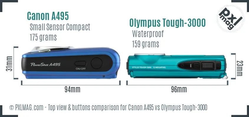 Canon A495 vs Olympus Tough-3000 top view buttons comparison