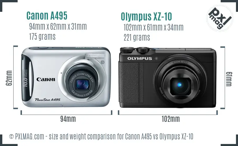 Canon A495 vs Olympus XZ-10 size comparison