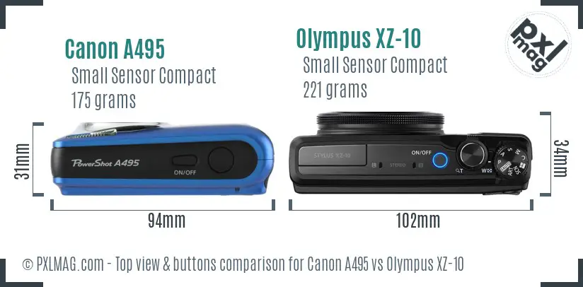 Canon A495 vs Olympus XZ-10 top view buttons comparison