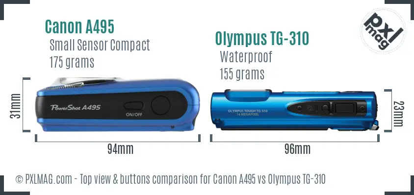 Canon A495 vs Olympus TG-310 top view buttons comparison Canon A495 vs Olympus TG-310 top view buttons comparison